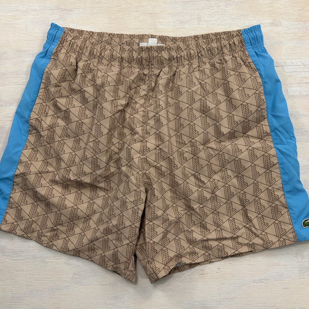 Lacoste Swim Shorts Monogram Geometric Print Blue Tan Mens Size L MH6980